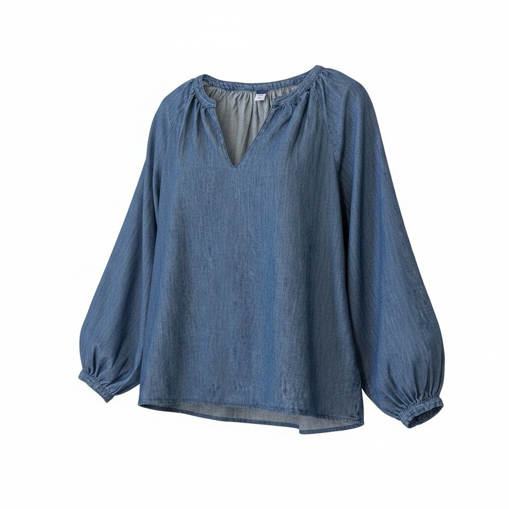 Old Navy Womens Medium Wash Denim Chambray V-Neck Balloon Sleeve Blouse M NEW